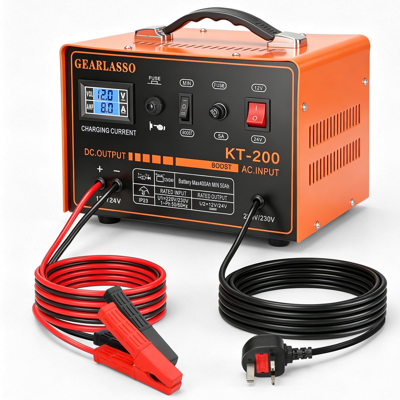 Cargador de batería de coche 12 V/24 V 0-15 A con pantalla LED, protección múltiple y apagado automático, para coche, furgoneta, motocicleta, barco, AGM, gel y baterías de plomo-ácido