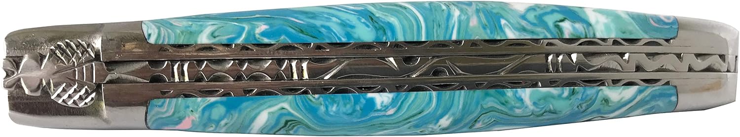 Laguiole en Aubrac Handmade Luxury Double Plate Folding Pocket Knife, 4.8-in (12cm). Genuine Larimar Handle, Hand Forged Bee, Stainless Steel Shiny Bolsters