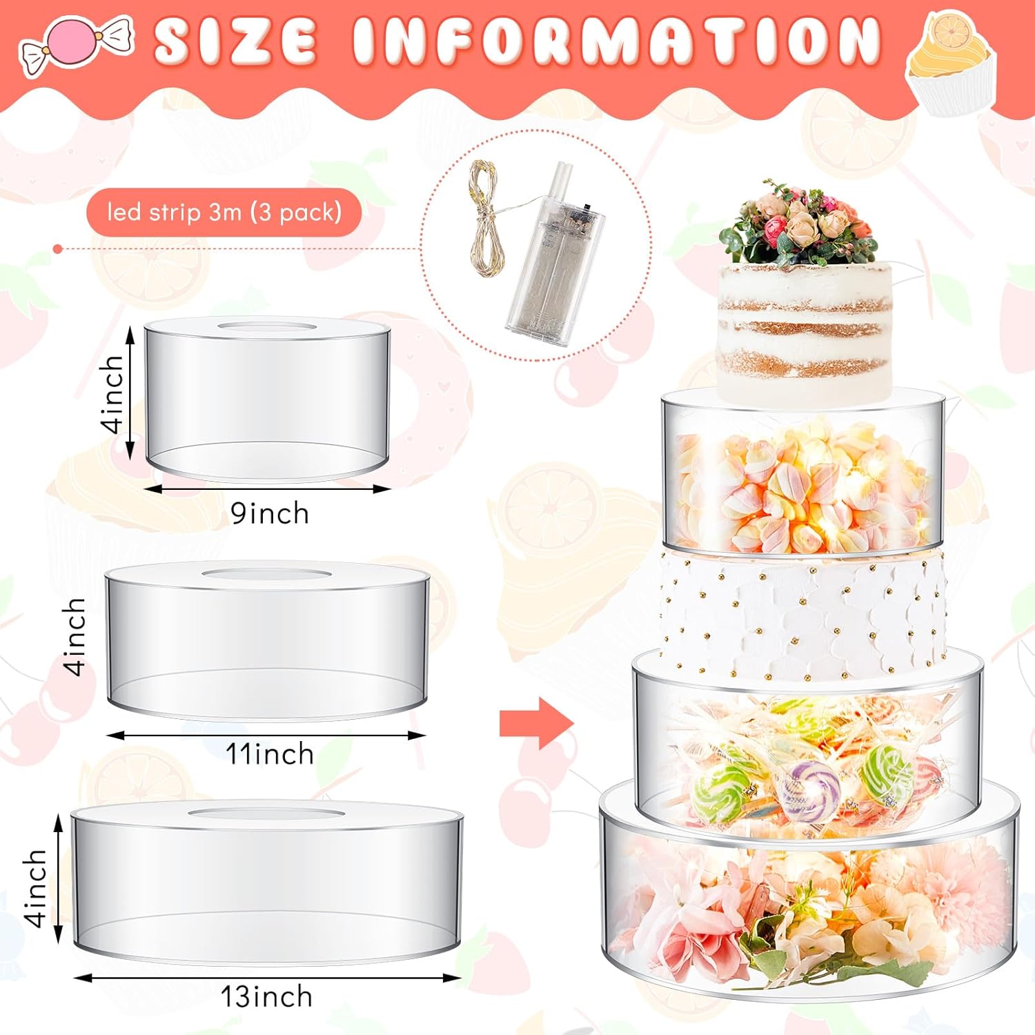 sintuff 3 pcs acrylic cake stand with led lights 9‘’, 11‘’, 13‘’ clear fillable cake riser round 3 tier case box for wedding birthday holiday party food display, 3 sizes 9 inch, 11 inch, 13 inch