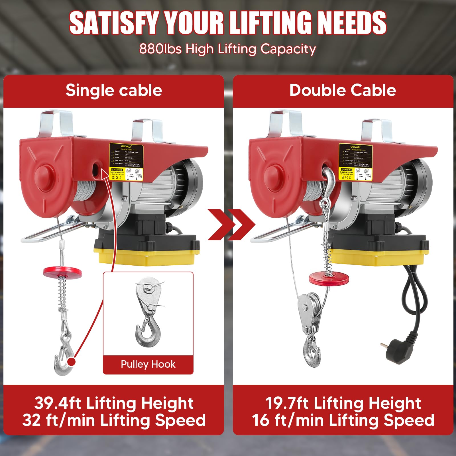 Lektrische Seilwinde 400kg Hebeleistung, 850W Motor mit 12m geflochtenem Stahlseil, 10m/min Hubgeschwindigkeit, Hebezug mit kabelloser Fernbedienung und Umlenkrolle