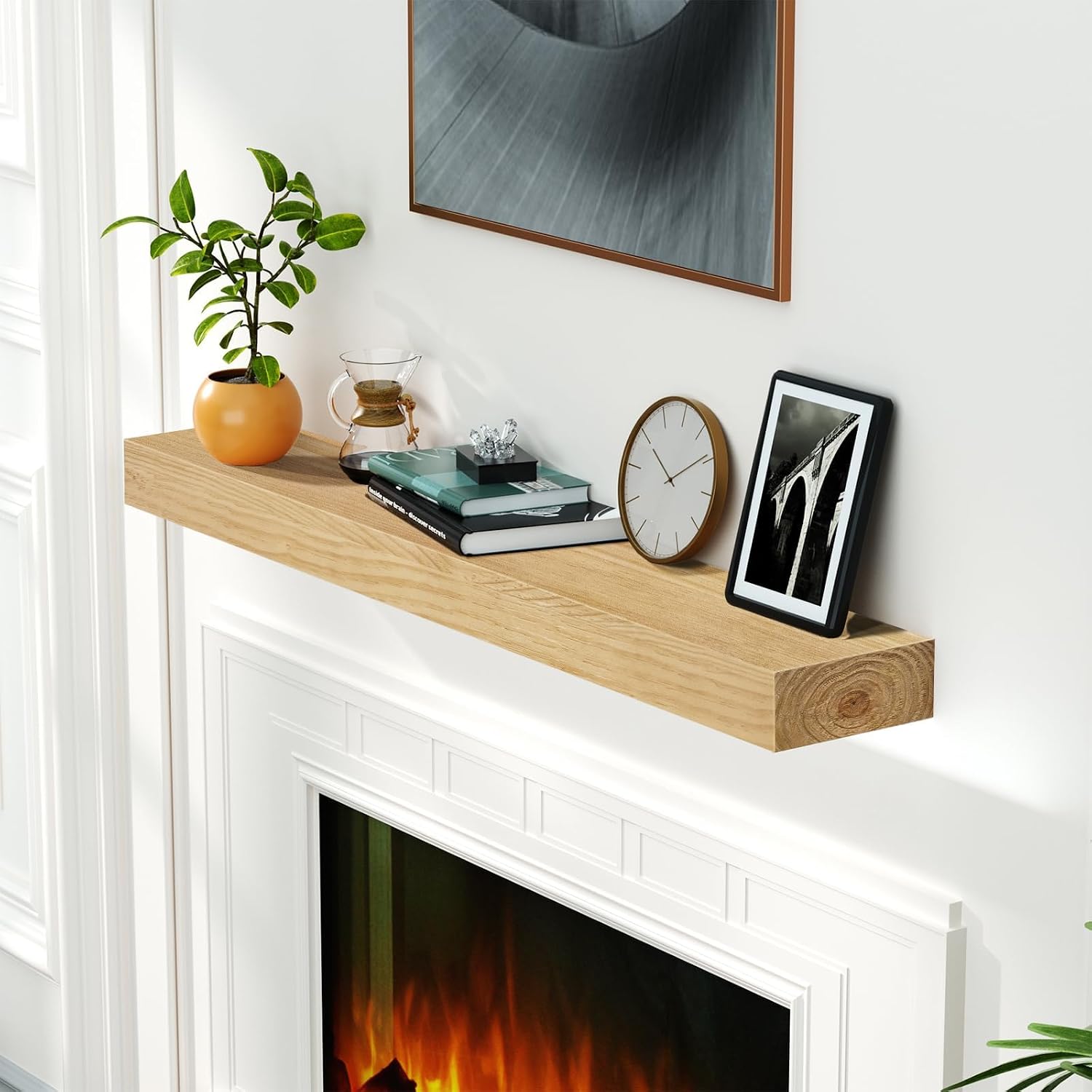 Fireplace Mantel,48" Wood Floating Fireplace Shelves,Wall Mounted Wooden Display Shelving,Handcrafted Wood Brack,Natural Mantels Fireplace, 48" x 8" x 3", Aged Oak