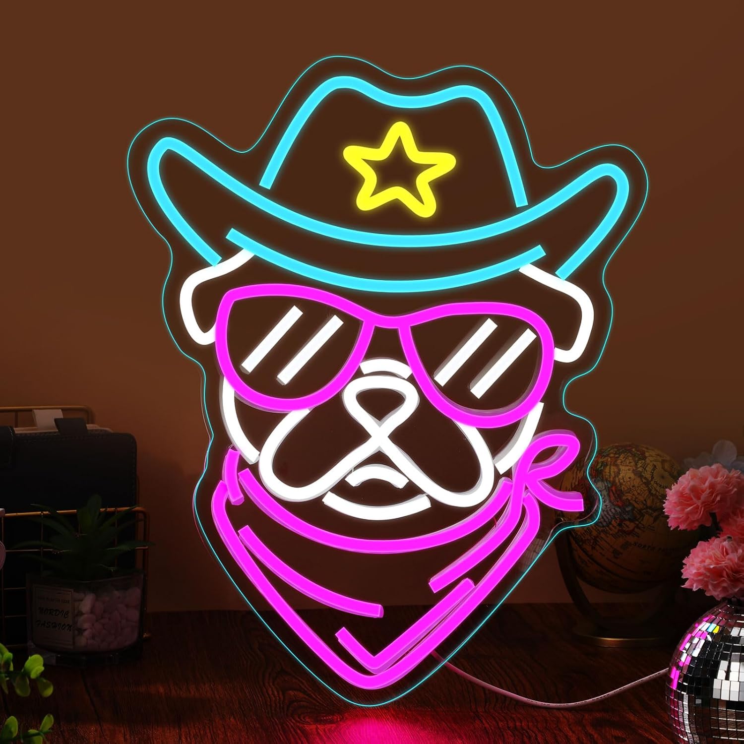 Retisee Pug Neon Sign Wall Decor Wearing Glasses Dog with Cowboy Hat LED Neon Light Dimmable Pet Animal Sign for Dog Lover Living Room Shop Bar Birthday Party Accessory Birthday Gift