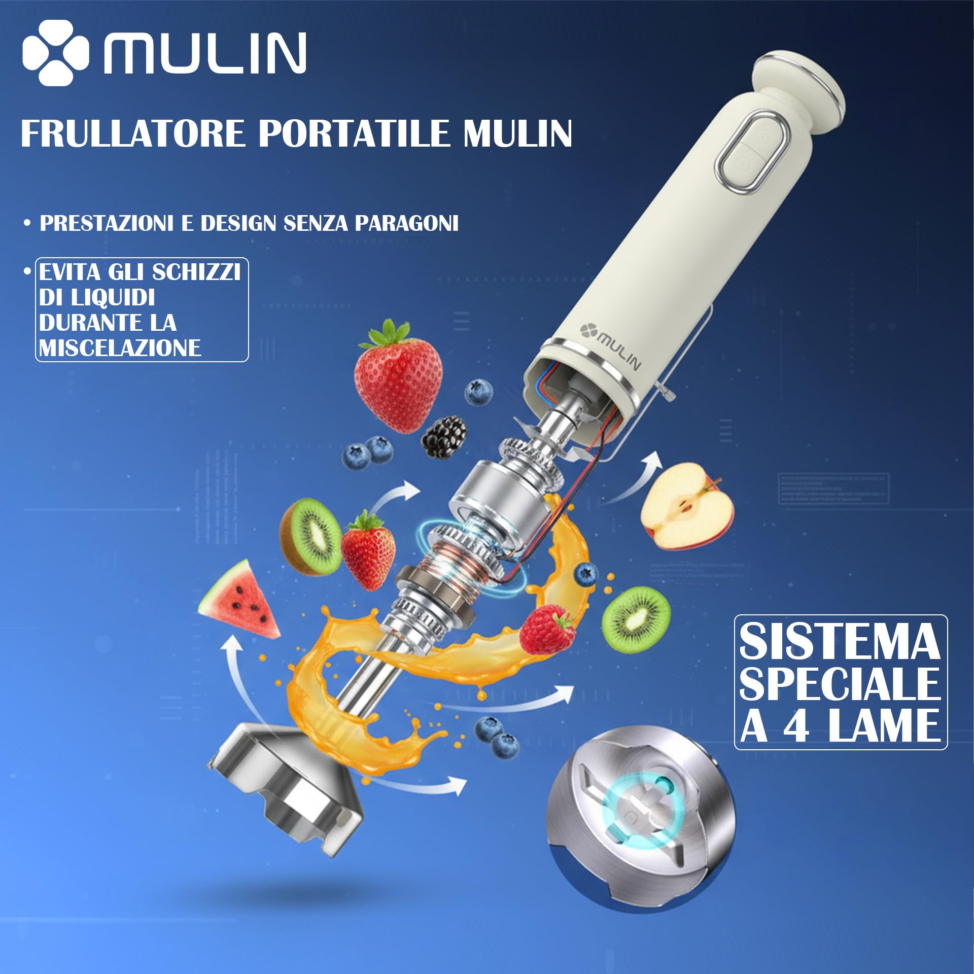 MULIN Frullatore a Immersione 4 in 1, 600W con Velocità Regolabile e Protezione Anti-Schizzo, Include Frusta, Bicchiere e Tritatutto, Ideale per Zuppe, Salse e Frullati in Cucina