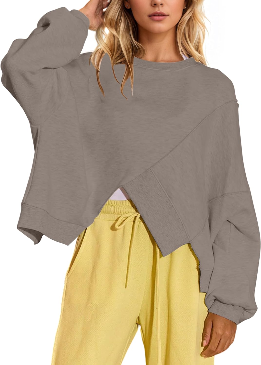 MISSACTIVER Women’s Crew Neck Cropped Sweatshirt Oversized Long Sleeve Ribbed Pullover Top Asymmetrical Hem Fall Outfit