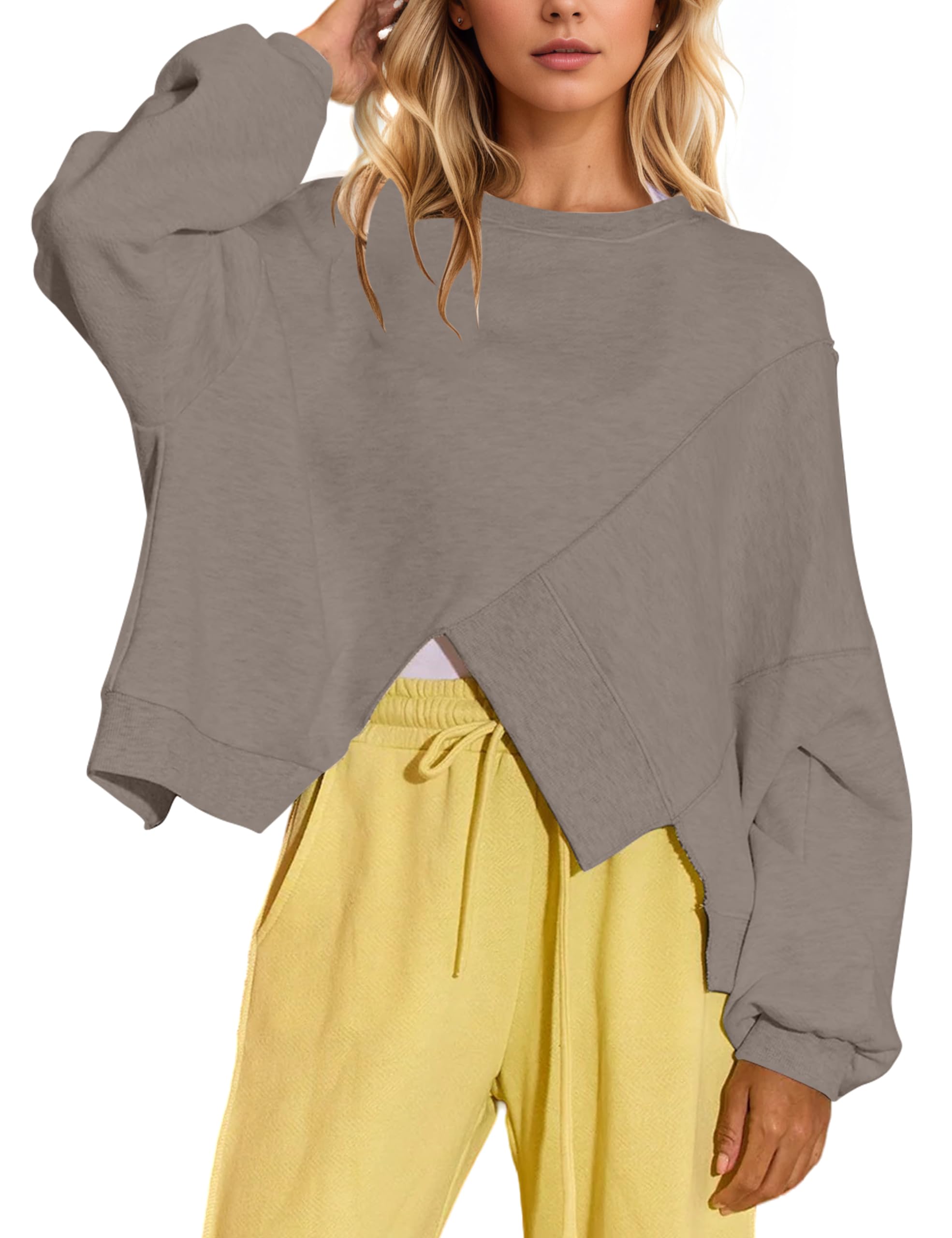 missactiver Women’s Crew Neck Cropped Sweatshirt Oversized Long Sleeve Ribbed Pullover Top Asymmetrical Hem Fall Outfit-picture-11