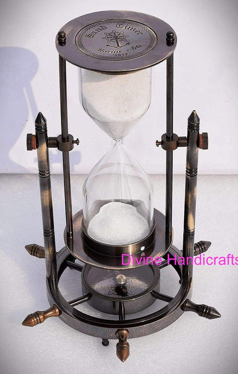 *Divine Handicraft *Nautical Maritime Black Antique Full Brass Sand Timer Hourglass with Wheel Compass Base