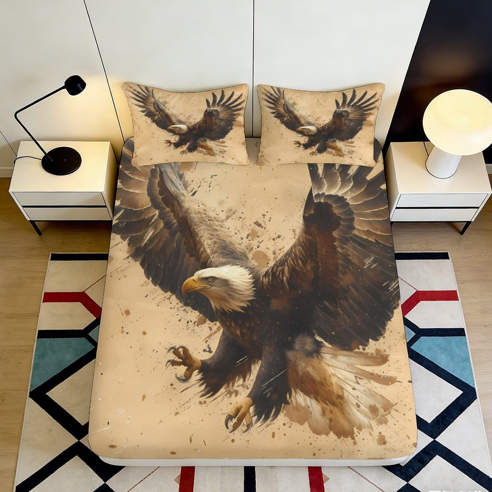 3D Printed Soaring Eagle Fitted Sheet Microfiber Beige Flying Bald Eagle Mattress Cover for Bedroom Guest Room Decor 90x200x25cm