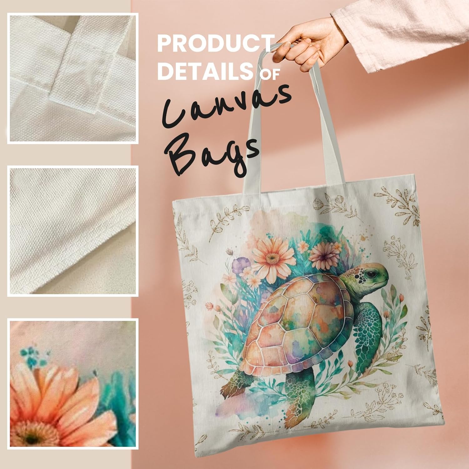 Summer Beach Tote - Floral Sea Turtle Canvas Tote, Women's Turtle Lovers Gift, Reusable Grocery Bag - Image 5