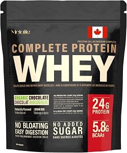 Complete Whey Protein Powder 24g Good Protein per Serving, 5.8g BCAAs, No Added Sugar, Easy Digestion, Gluten-Free, GMO Free, 714 G (21 Servings) – Made in Canada (740, Organic Choclate)