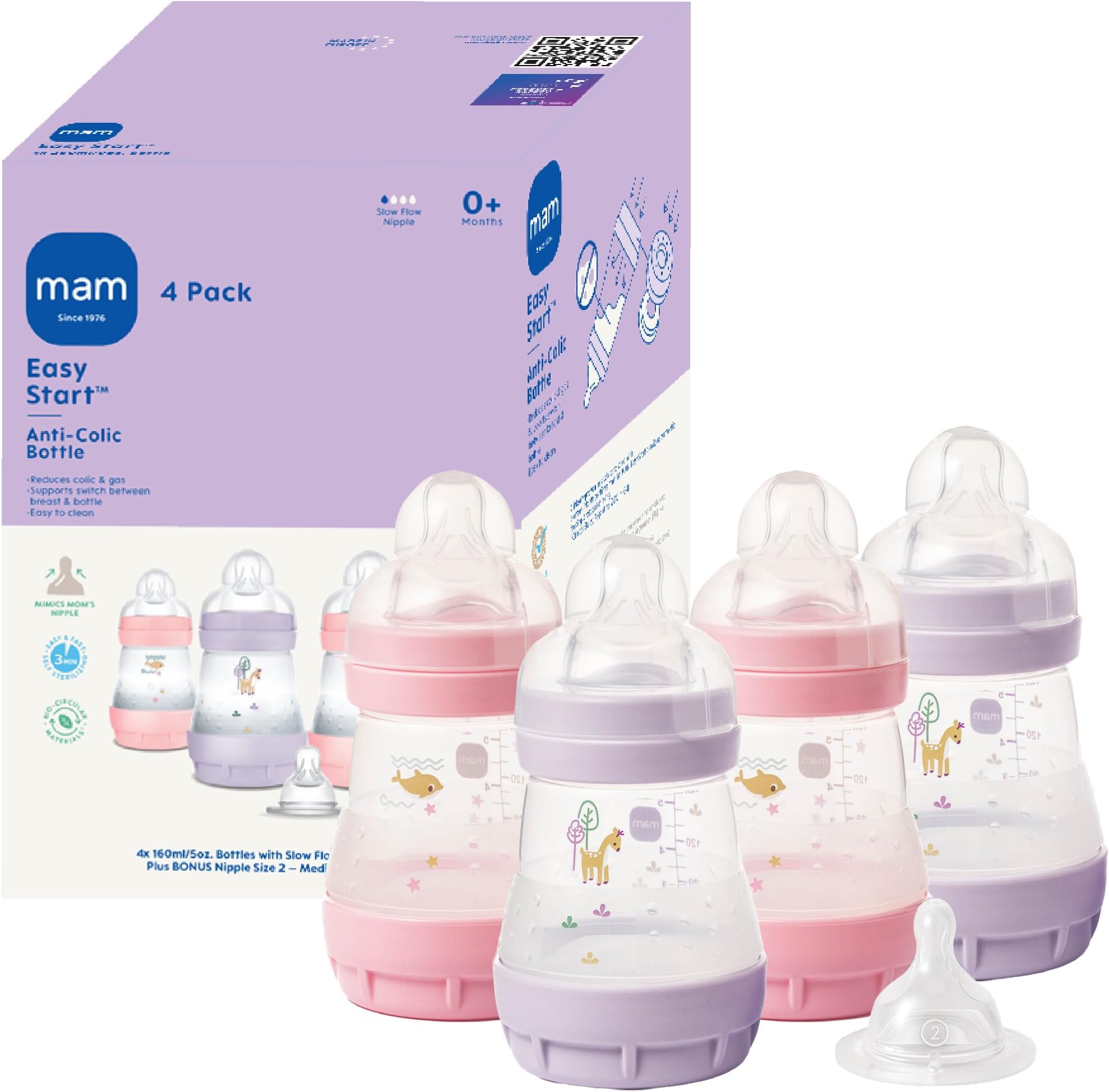 MAM Easy Start Anti-Colic Baby Bottle, Slow Flow, Breastfeeding-Like Silicone Bottle, Reduces Colic, Gas, & Reflux, Easy-to-Clean, BPA-Free, Vented Baby Bottles for Newborns, 0-3 Months