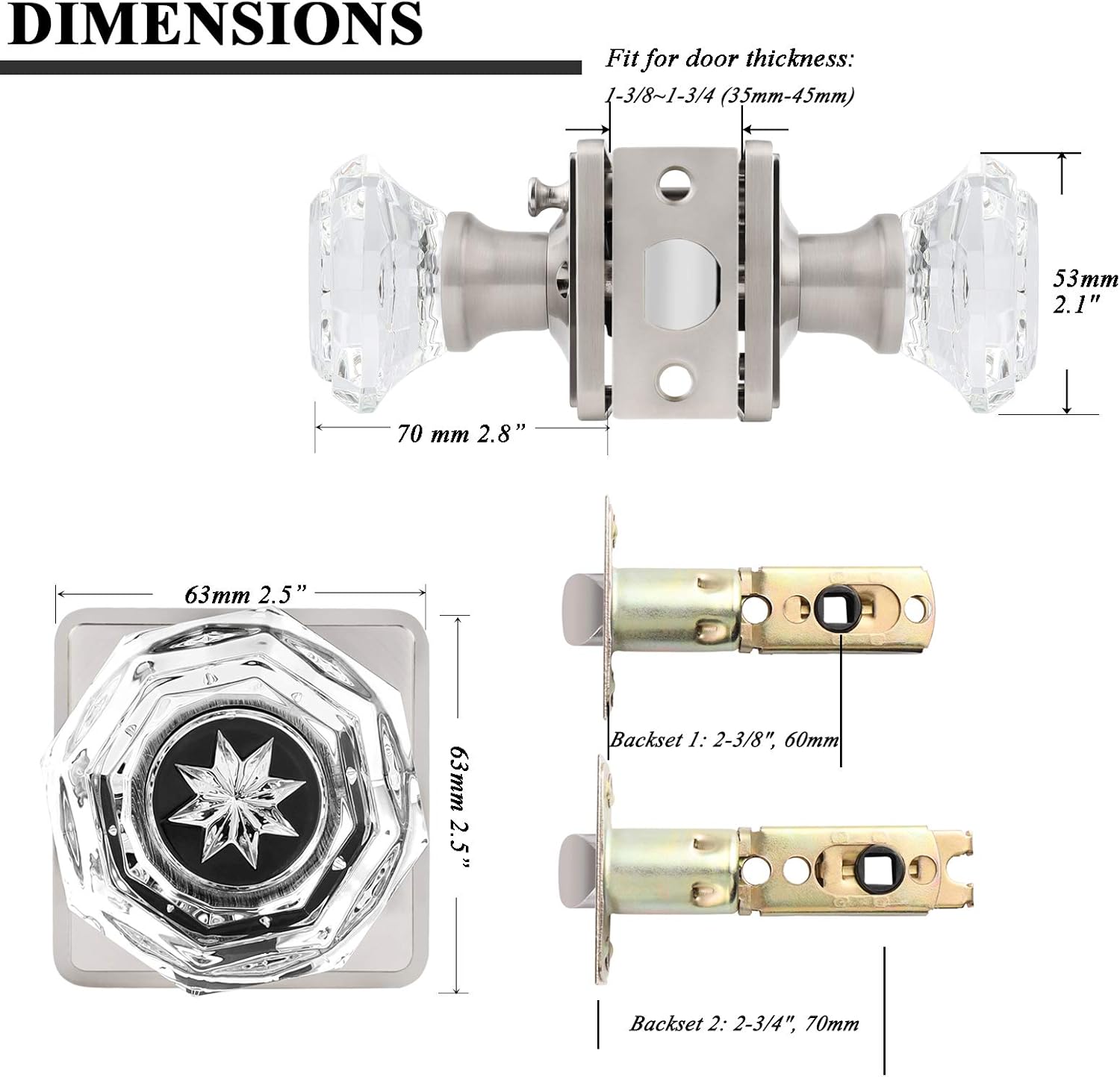 Orger 5 Pack Crystal Door Knobs, Octagon Clear Glass Door Knob with Satin Nickel Back Plate, Interior Keyless Door Handles for Bed/Bath, Privacy Door Knobs with Lock