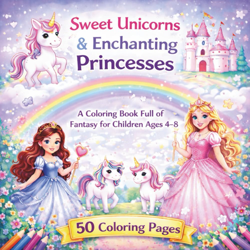 Sweet Unicorns & Enchanting Princesses: A Coloring Book Full of Fantasy for Children Ages 4–8 – 50 Coloring Pages