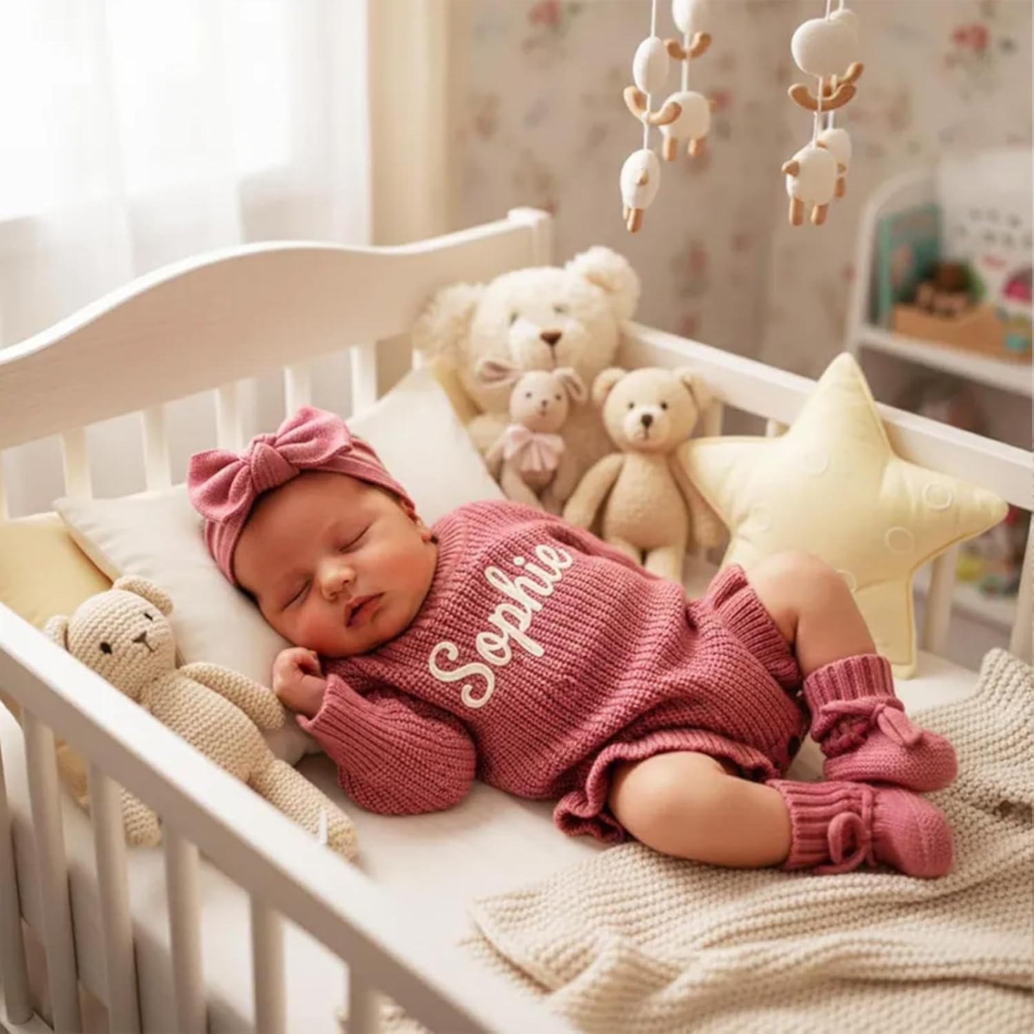 Personalized Embroidered Baby Romper Set - Cotton Newborn Coming Home Outfit, Knit Sweater with Hat & Booties,Gender Neutral Gift