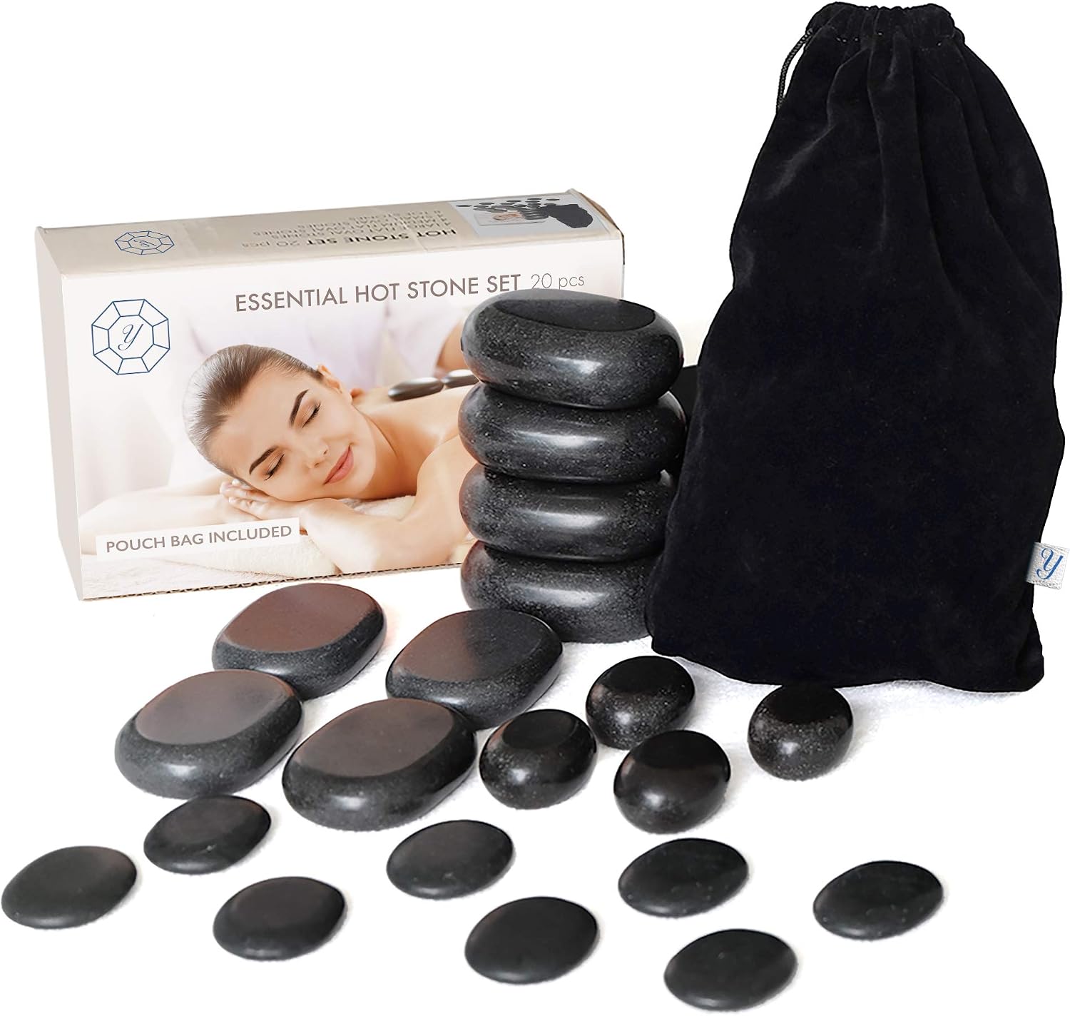 Hot Stones for Massage Premium Set Basalt Rocks Spa Professional Essential Kit Relaxing Healing Pain Relief Black Smooth Stone, Storage Pouch Bag