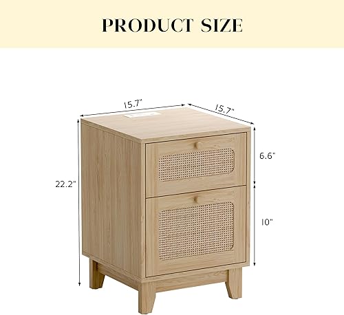Miniatura 3 de Modern Wicker Rattan Nightstand,Rattan Stand with Drawer and Charge Station, Wooden Side End Table for Small Spaces, Natural Wood BedsideTable for