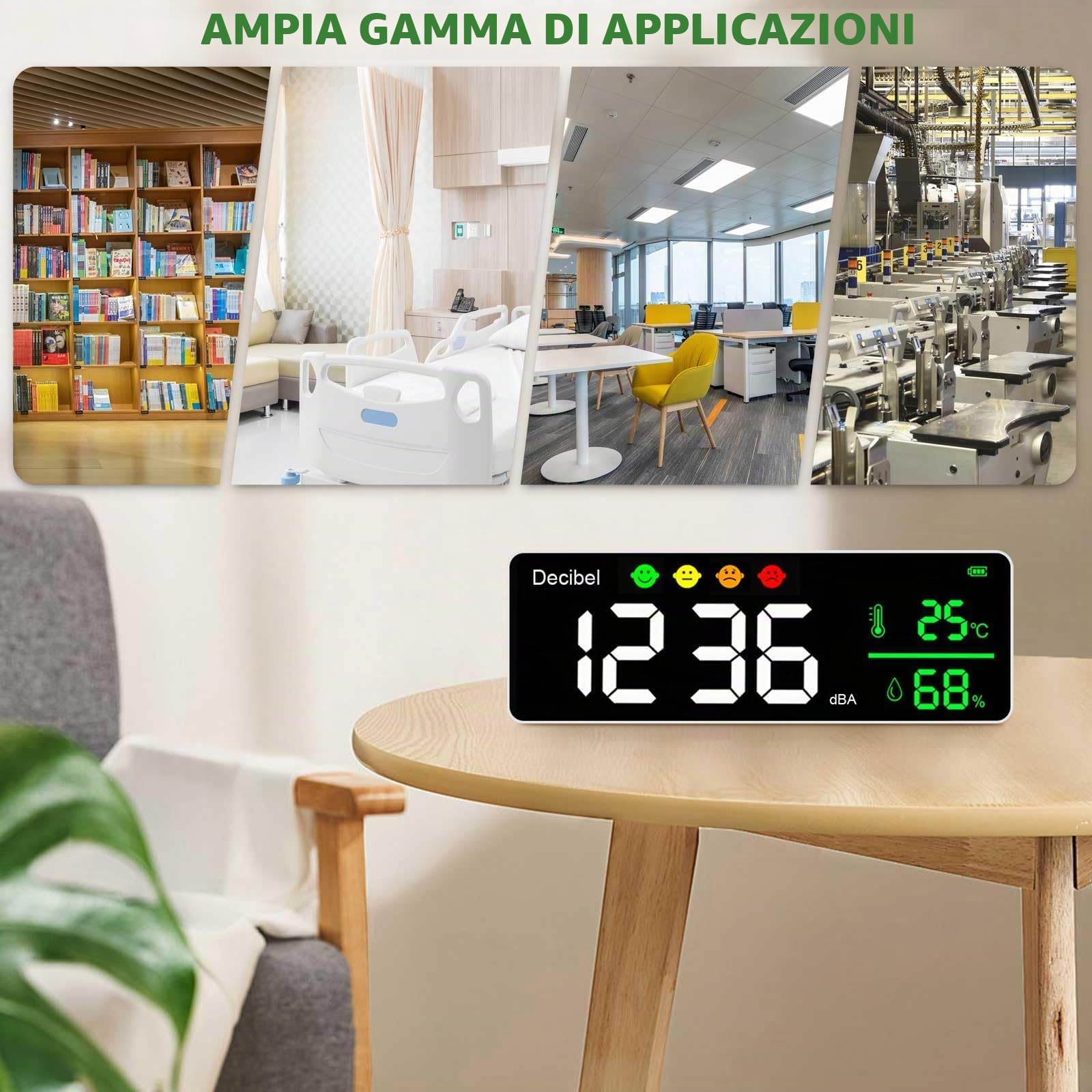 Fonometro 30~130dB 11" Display LCD Digitale Fonometro Professionale a Muro Misuratore di Livello Sonoro Decibel/Temperatura/Umidità con Allarme e USB Cavo per Casa Ufficio Scuola Bar Fabbrica