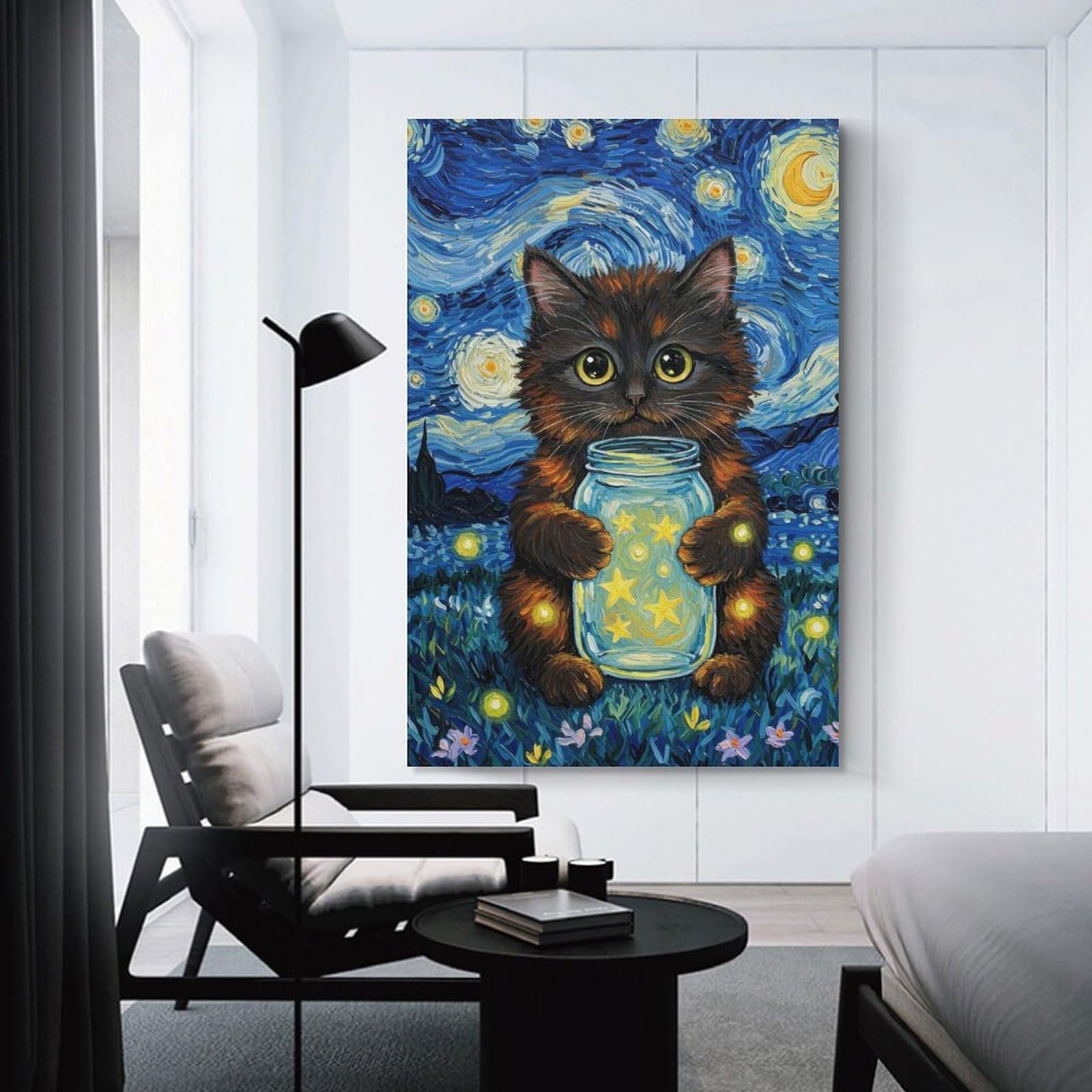 Junmoney Cat with Starry Night Jar Hanging Wall Art 20x30inch(50x75cm), for Study, Office Or Focused Interiors, Wall Art That Adds Style to Work Areas