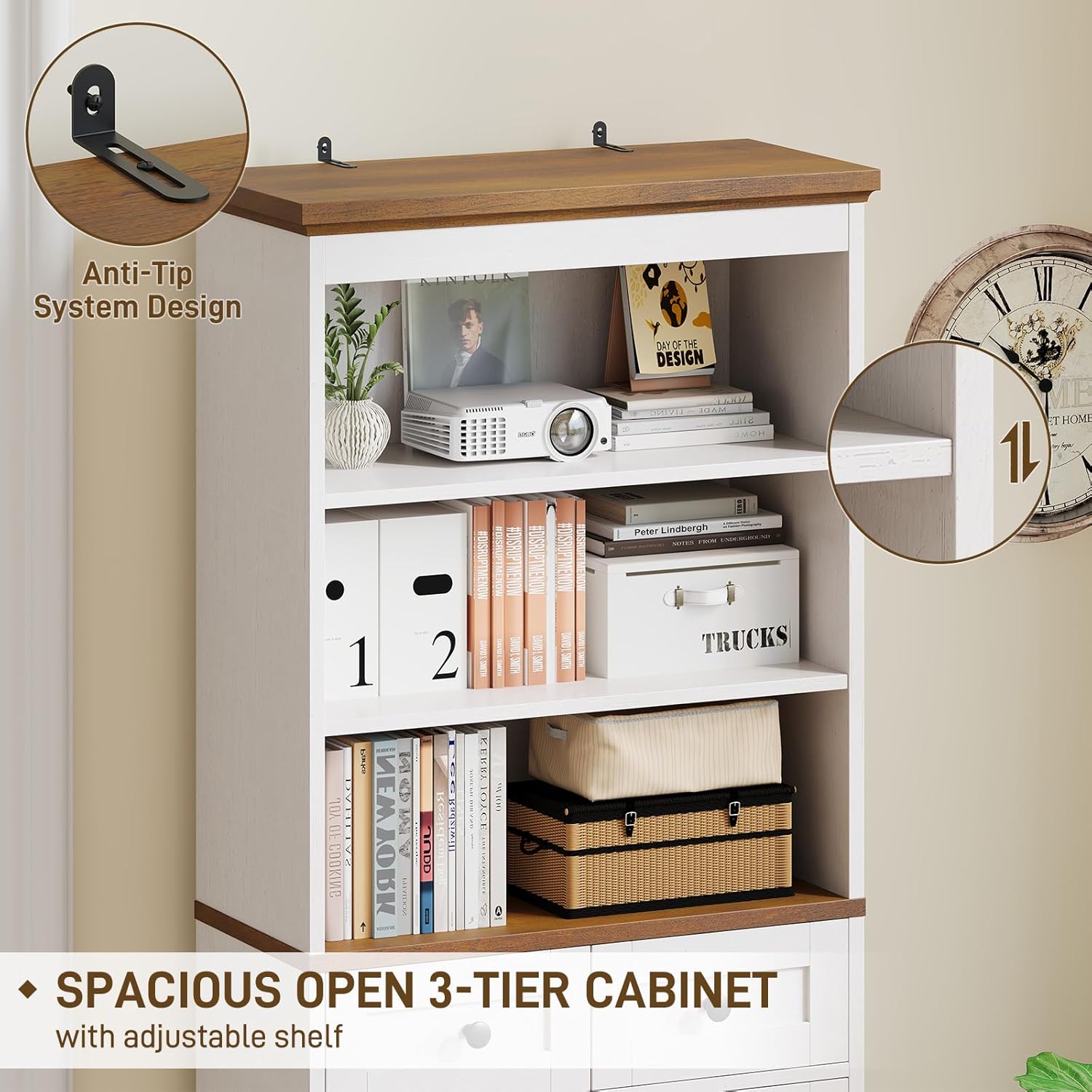 Vabches 70" Tall Bathroom Storage Cabinet, Farmhouse Bathroom Cabinet with 3 Drawers, Adjustable Shelves & Doors, 3 Tier Wood Cabinets for Bathroom, Living Room, Rustic White