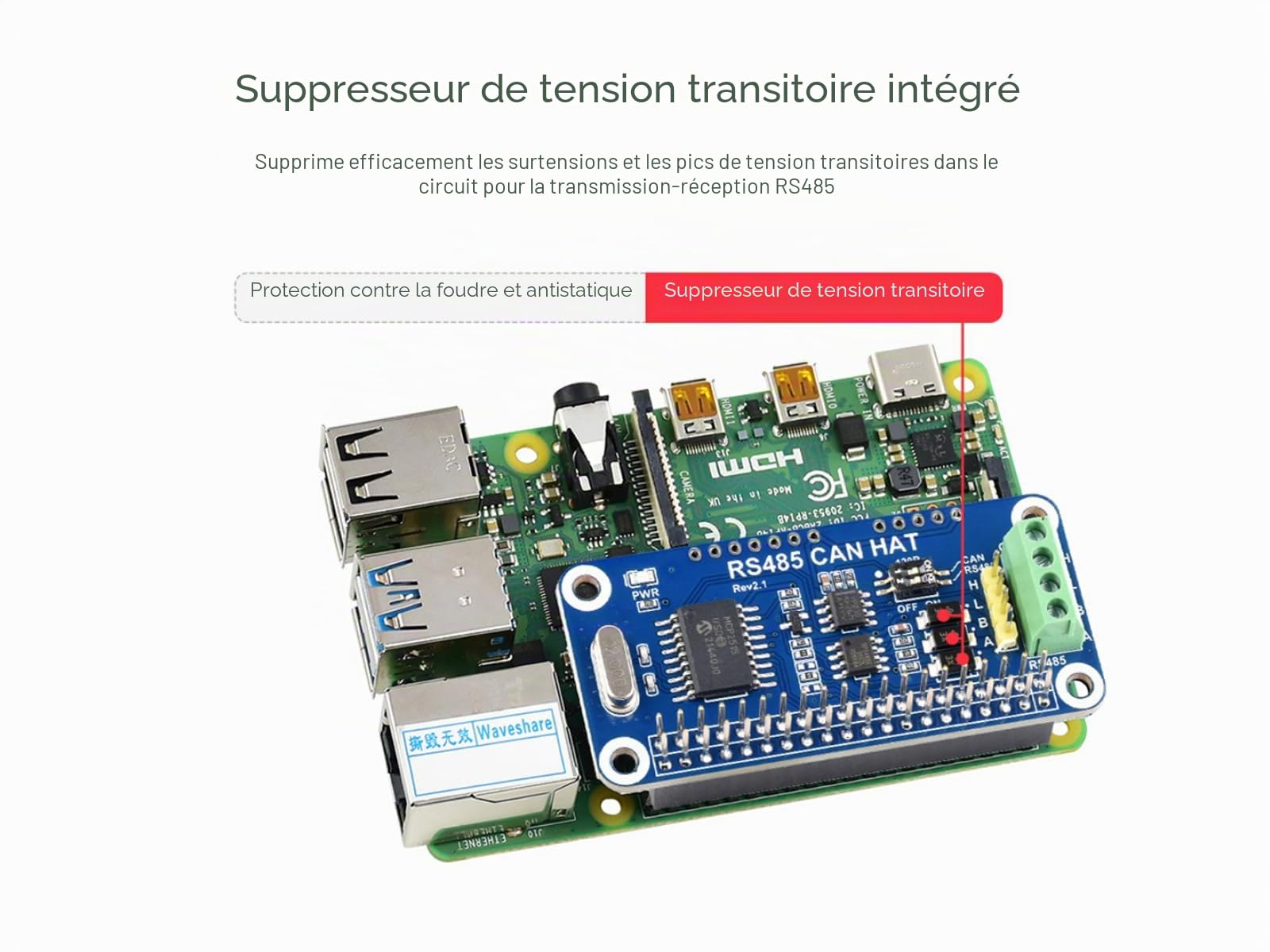 RS485 Can Hat pour Raspberry Pi 4B/3B+/3B/2B/B+/A+/Zero/Zero W/WH, Autoriser la Communication Longue Distance Via la Fonction RS485/CAN, Intégrée Contrôleur Can MCP2515 Via SPI Interface