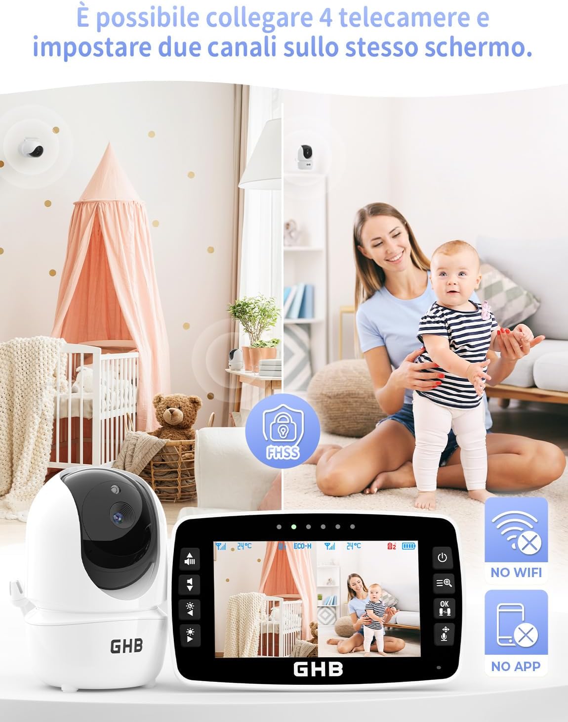 Illustration of GHB Baby Monitor supporting up to four cameras and displaying two camera feeds simultaneously on the screen, emphasizing no Wi-Fi or app requirement.