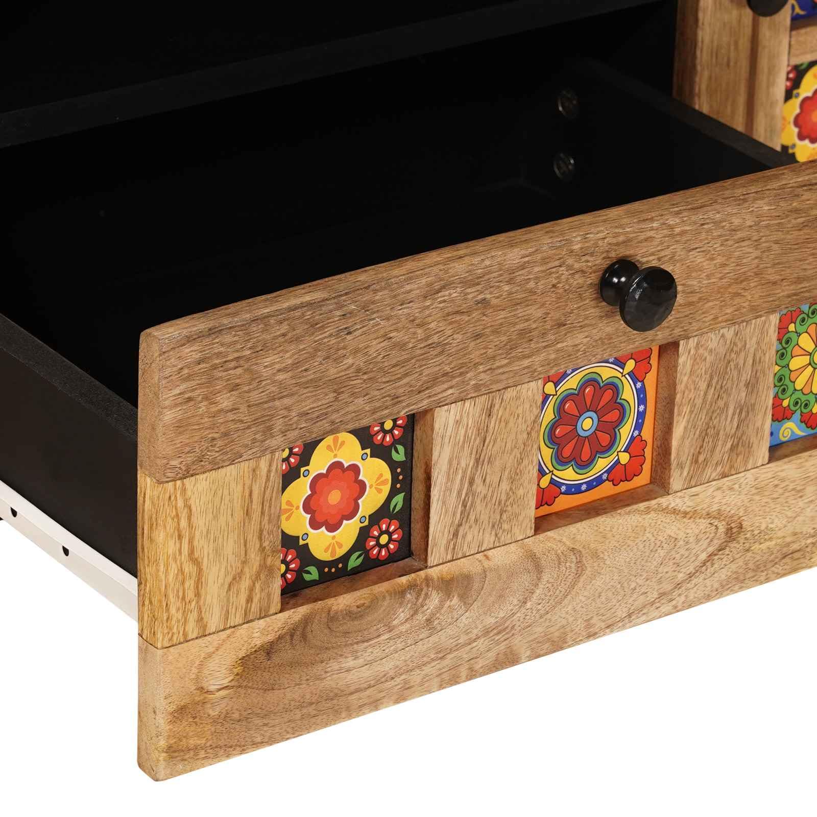 Mobile TV naturale 105 x 33,5 x 46 cm, in legno massiccio di mango | Con ante e cassetti, spazio per accessori multimediali, design moderno, per soggiorno