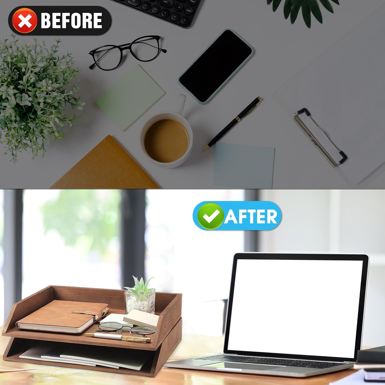 2 Pcs Wooden Letter Tray Wood Letter-Size Desk Organizer Heavy Duty 2 Tier Stackable Support Paper Tray Desktop Drawer File Folder Magazine Office Accessories Back to School(Dark Wood)