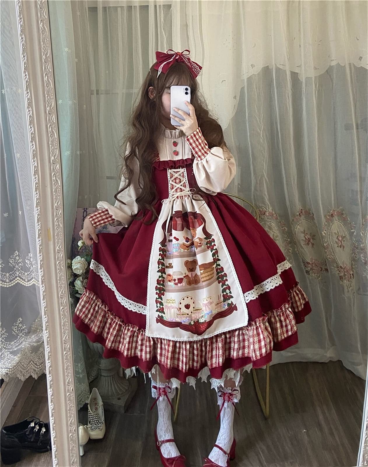Vestido de fiesta de princesa Sweet Lolita con encaje y lazo de cintura alta, vestido rojo para niña, gótico Lolita Op Cosplay (color: vestido y capa, tamaño: L)