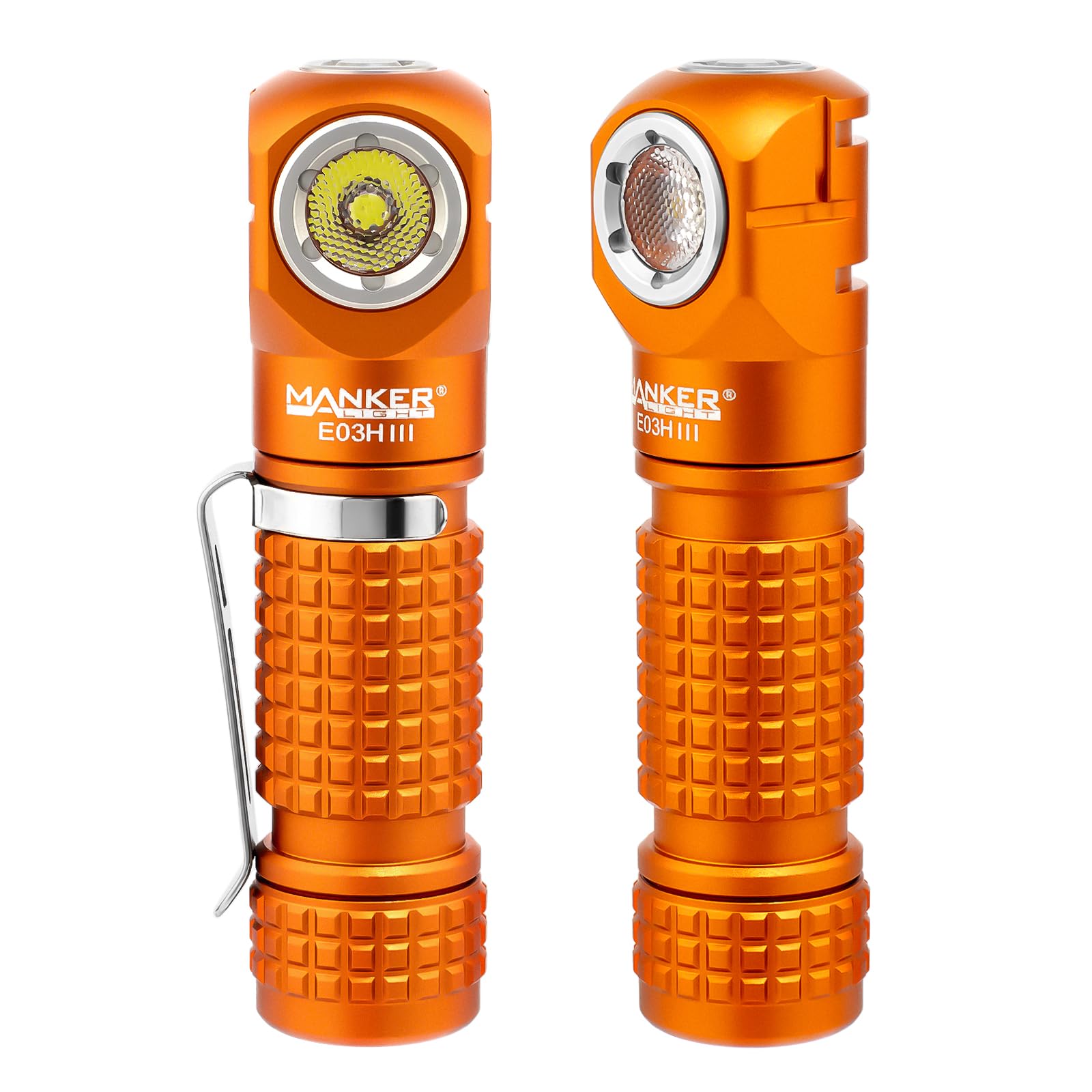 Manker E03H III wiederaufladbare Stirnlampe, 1200 Lumen, Mini-Taschenlampe mit Clip, 90 Grad EDC AA rechtwinklige Taschenlampe mit Kopfband und Magnetschwanz, Orange