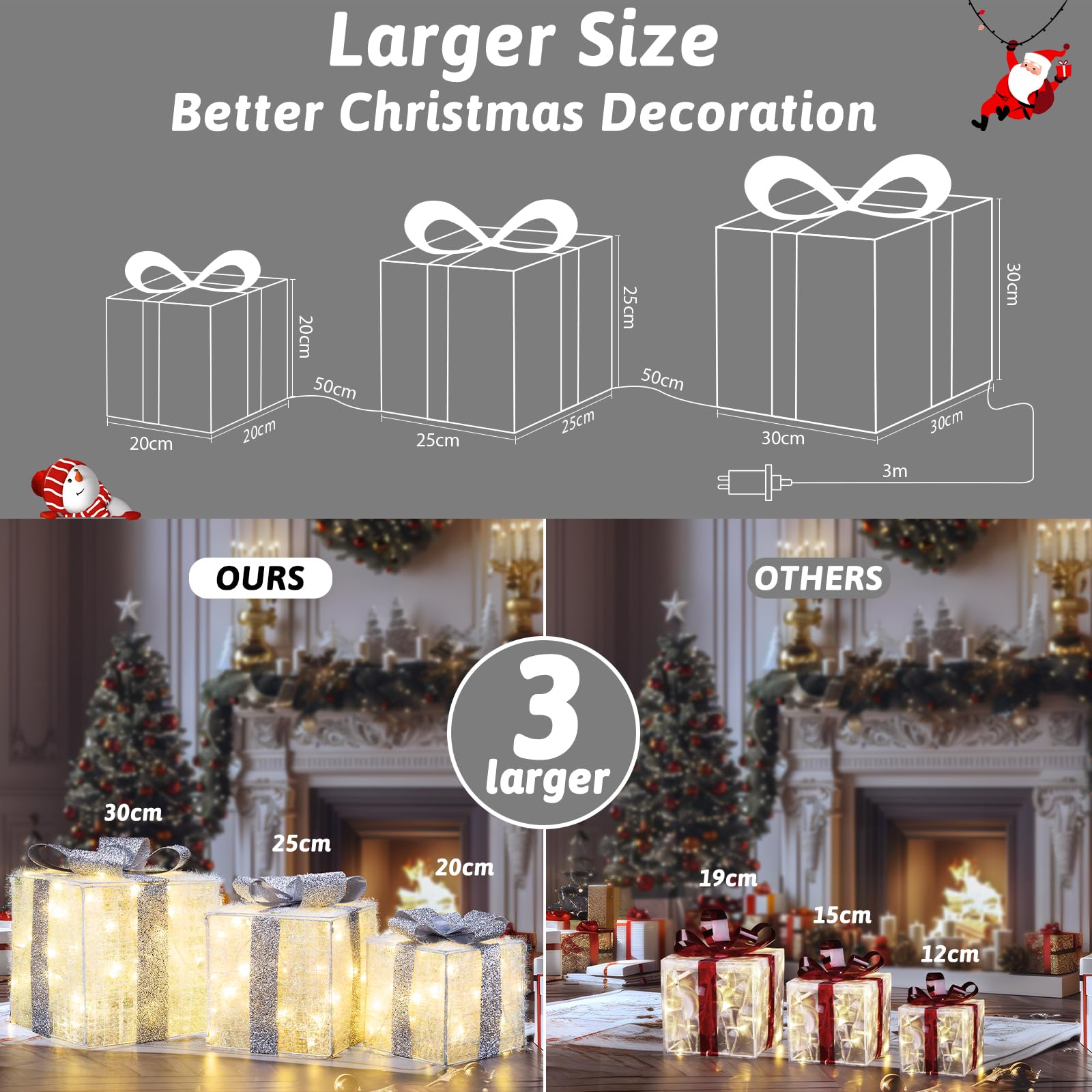 Quntis 3 Set LED Geschenkbox Weihnachtsdeko Innen Strombetrieben | 117 warmweiße LEDs, 30CM Großer beleuchtete Boxen, Lichterdeko Geschenkpakete für Weihnachtsbaum Fensterbank Garten