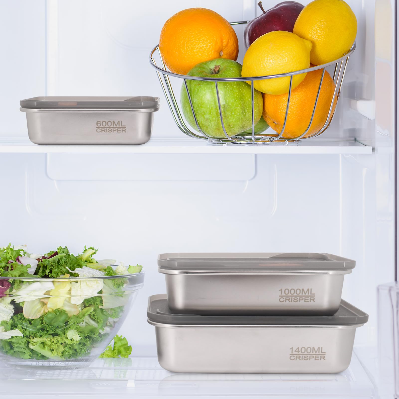 Recipiente de alimentos de acero inoxidable con tapa, recipiente para aperitivos, recipiente de metal a prueba de fugas, para restaurante, cocina, congelador, buffet (600 ml+1100 ml+1400 ml)