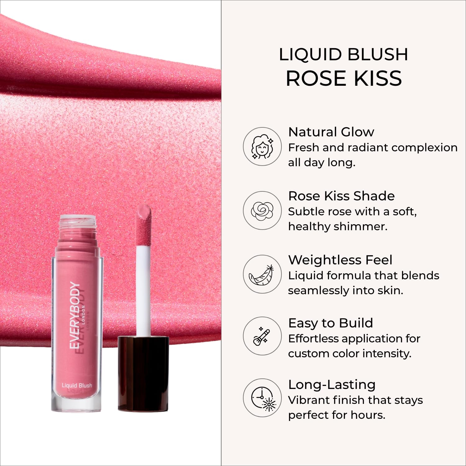 EVERYBODY LONDON Róż do policzków w płynie, Liquid Blush, intensywny kolor i blask, lekka formuła, efekt promiennej i zdrowej skóry, 10ml (Rose Kiss)