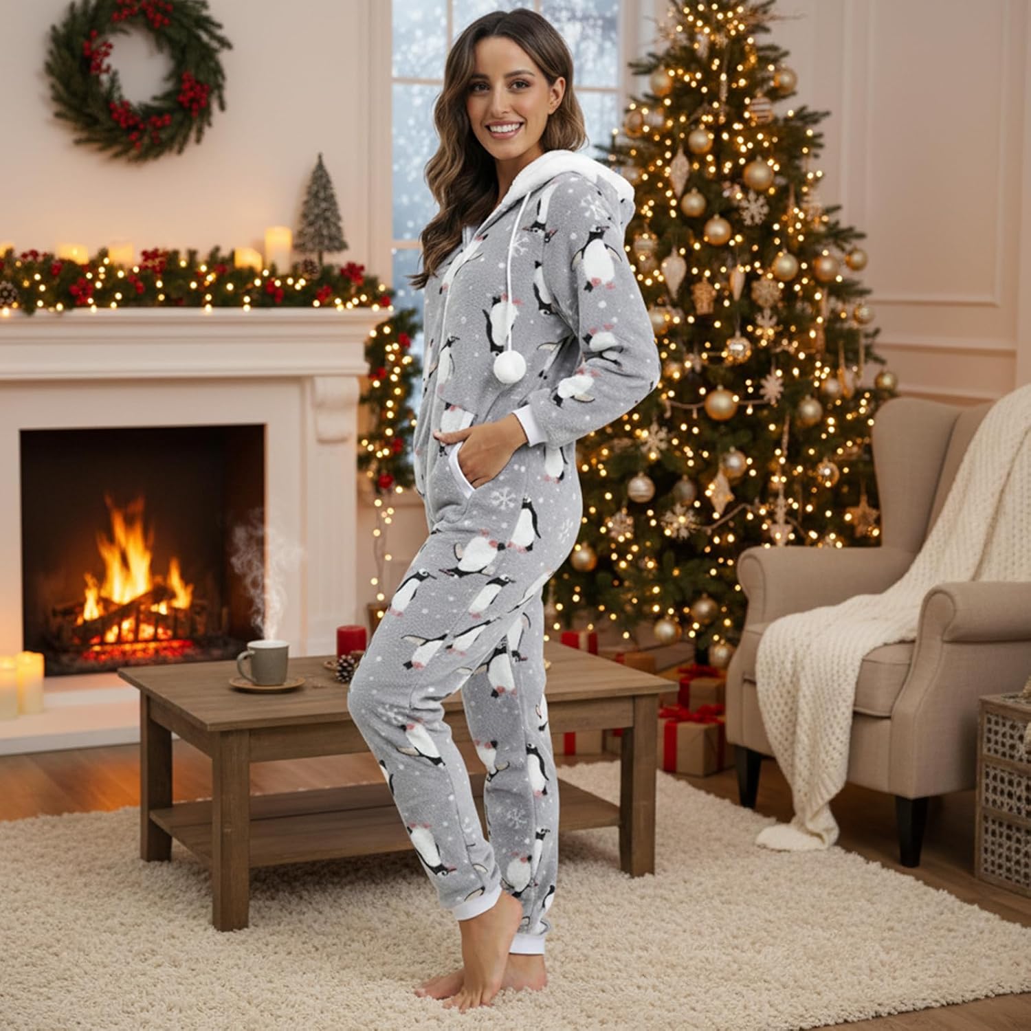 Womens Hooded Onesie Adult Jumpsuit Warm Fluffy Soft Flannel Soft One Piece Pajamas Zipped Overall Winter PJs - Image 2