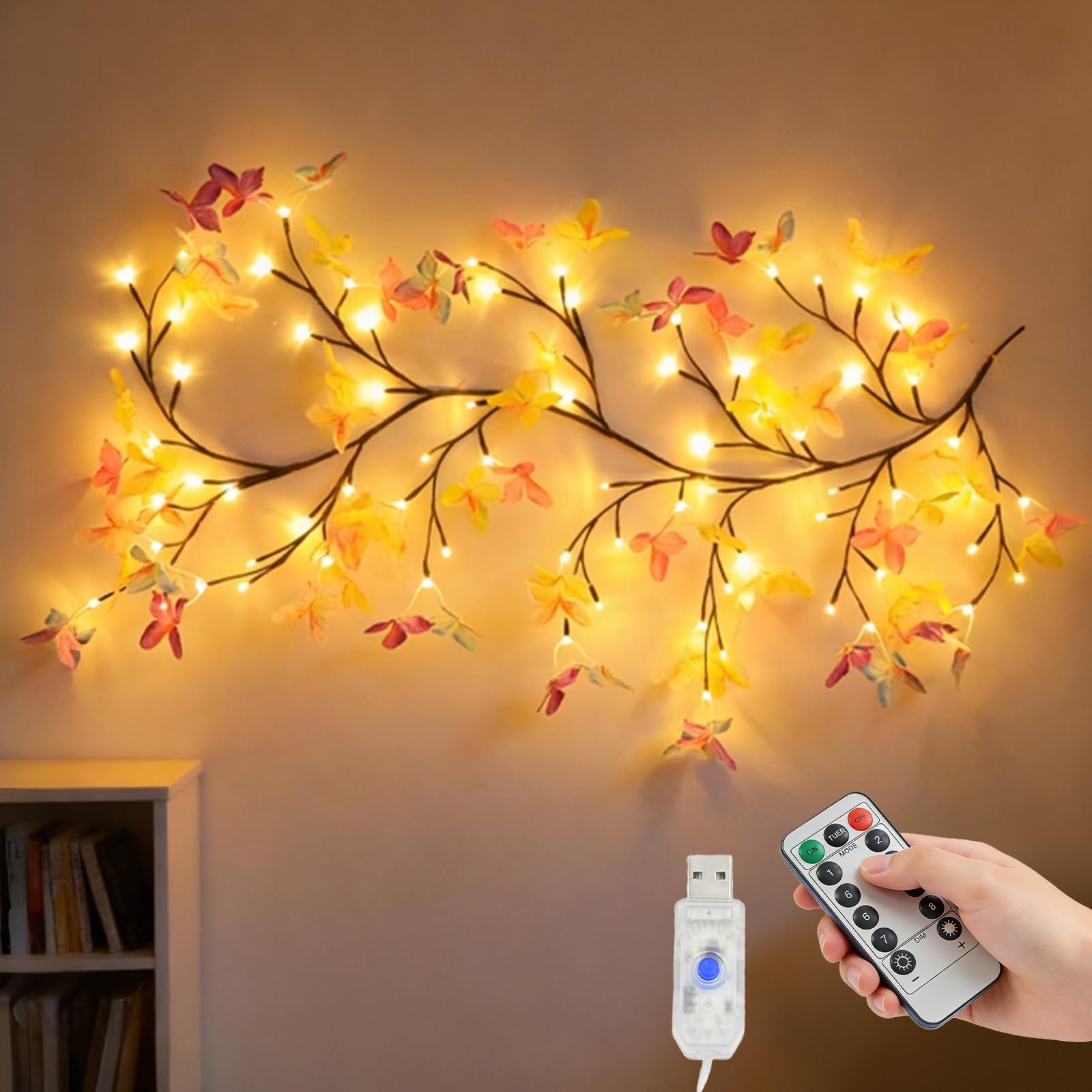 Richaa 63 Inches Butterfly Leaf Twig Lights, 48 Led Flexible Wall Flower Fairy Lights, 8 Modes Butterfly Leaf Tree String Light, Christmas Mother's Valentine's Day Gift Room Home Bedroom Indoor Decor