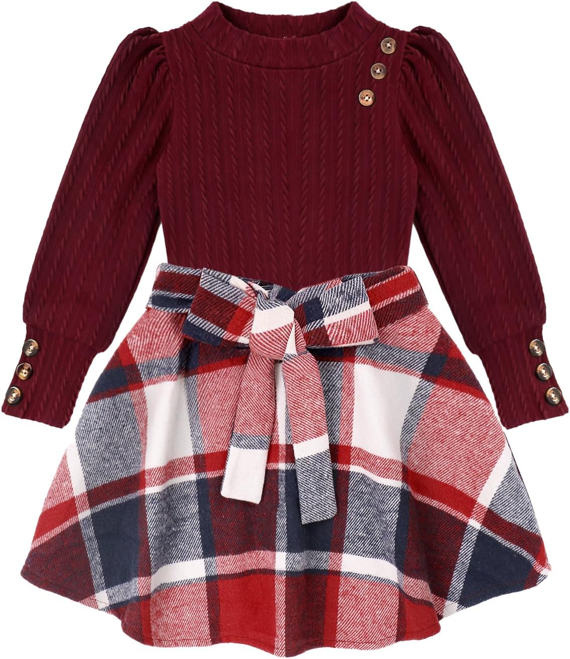 AMAWMW Girls Skirt Sets Fall Outfits Puff Sleeve Crewneck Ribbed Knit Tops and Plaid Skirt Set Kids Fall Winter Clothes
