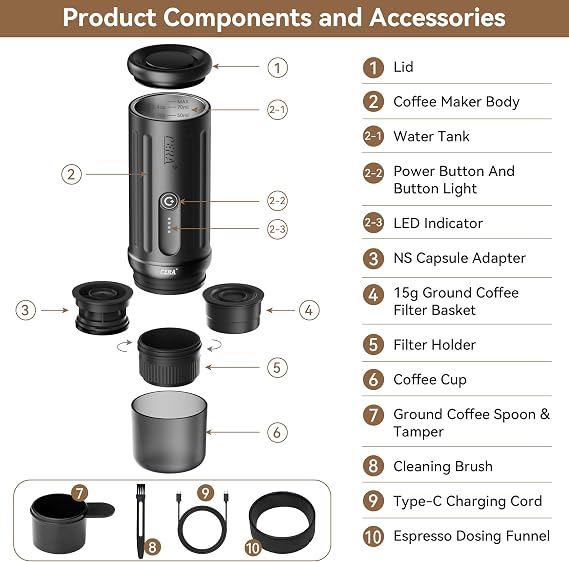 CERA+ PCM03S Portable Espresso Machine, Self-Heating 20 Bar Coffee Maker, Compatible with NS Pods & Ground Coffee, 13500mAh Fast Rechargeable Electric Espresso Maker for Travel, Camping & Work