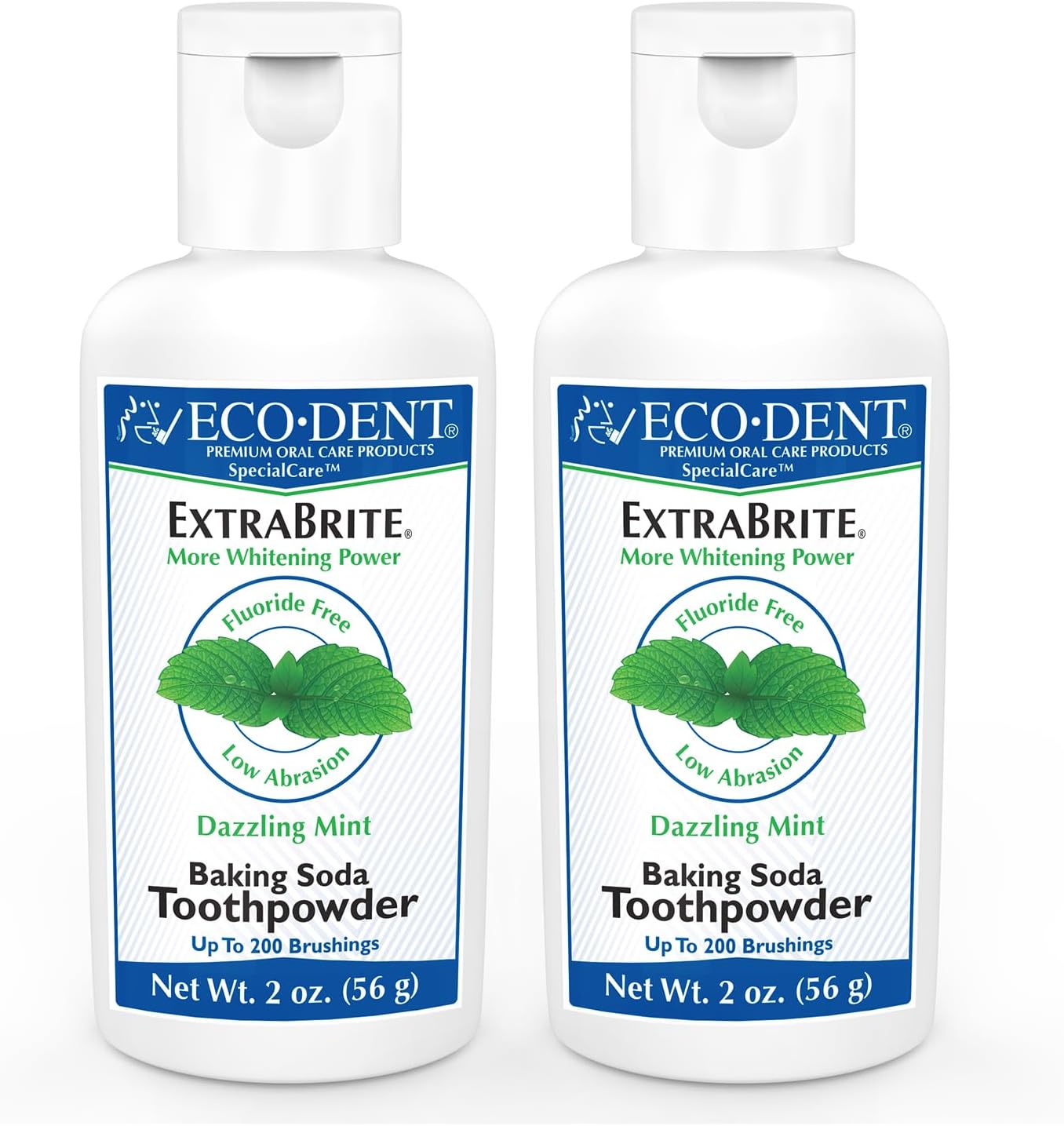 Eco-Dent ExtraBrite Mint Baking Soda Toothpowder: Fluoride-Free, SLS-Free Whitening Powder with Calcium Peroxide, TSA-Friendly 2oz Pack of 2
