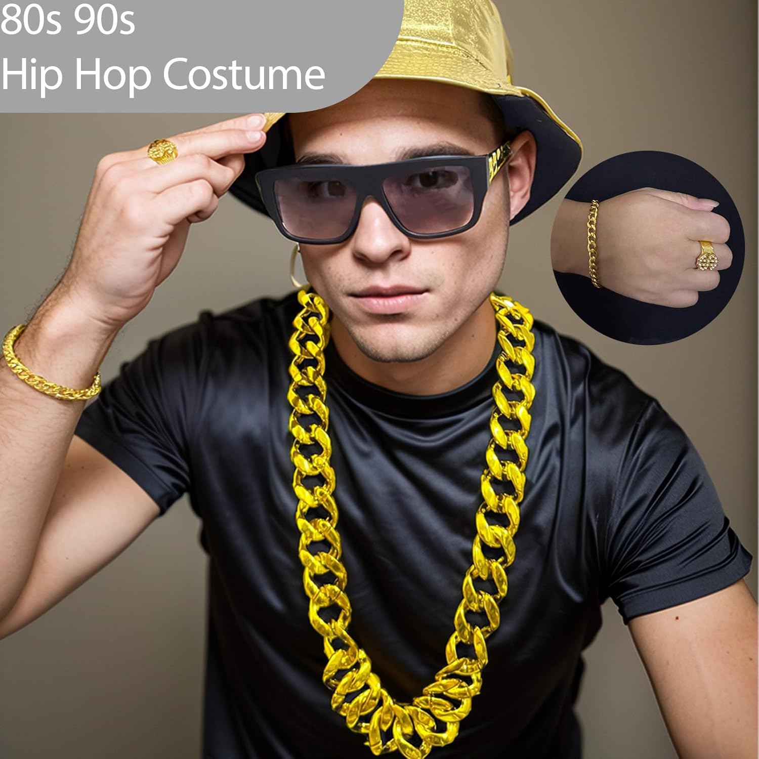 80s 90s Costume Accessories Hip Hop Costume Kit for Women Men Gold Chain Rapper Halloween Costumes Outfits Rapper Costume Gold Chain Sunglasses Hat Costume Accessories Cosplay Party Decoration - Image 3