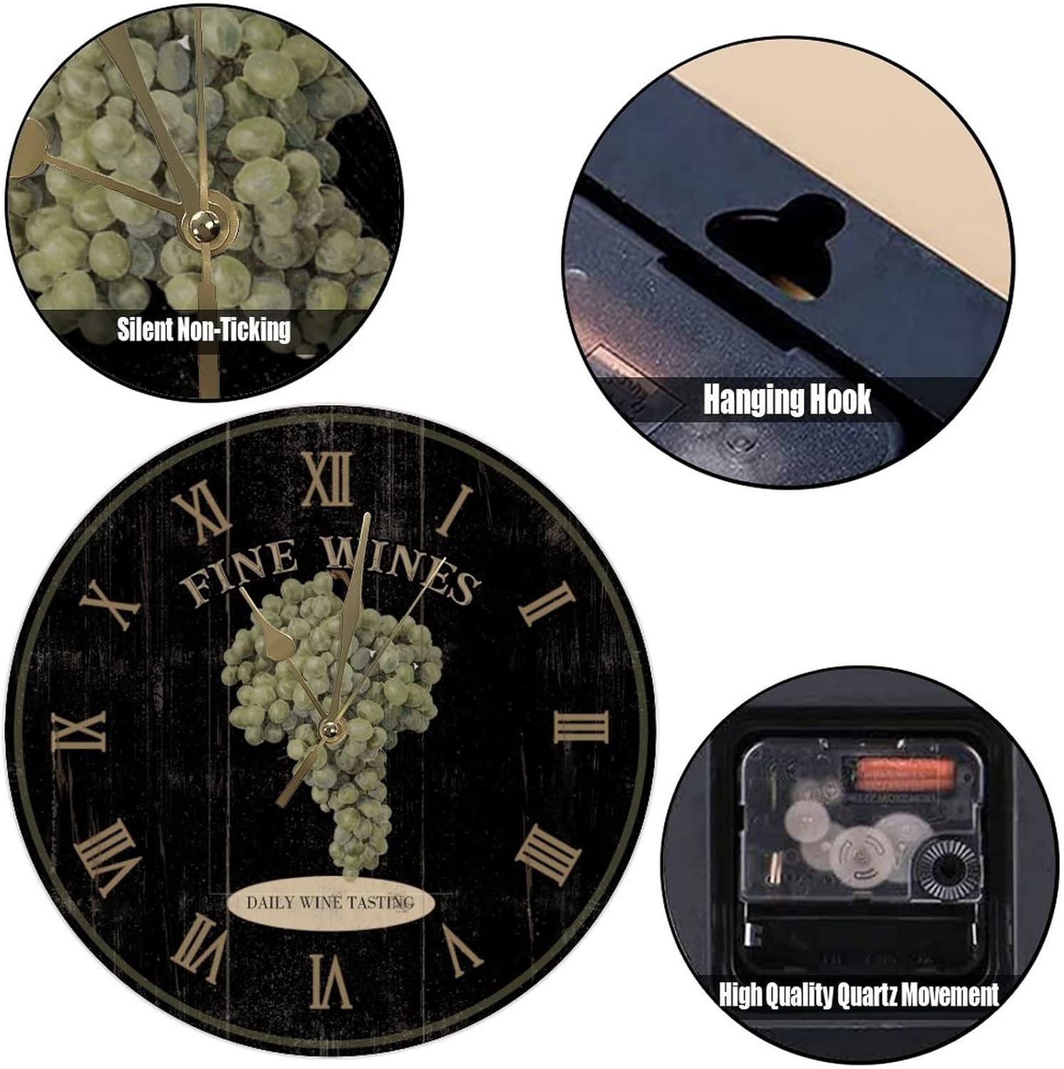 Fine Wines Black Round Wall Clock Silent Battery Operated Hanging Wall Clocks Rustic Wine Cellar Clock Retro Rustic Style for Kitchen Bedroom Office Round Clock 15Inch Birthday Housewarming Gift