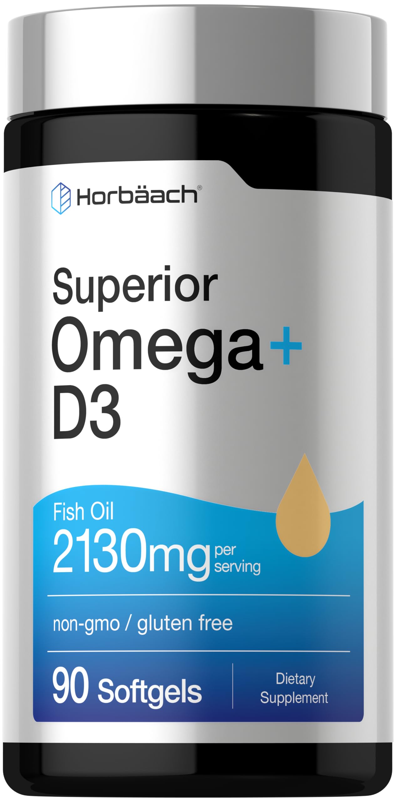 Horbäach Omega + D3 | 90 Softgels | Purified Fish Oil | 2130mg