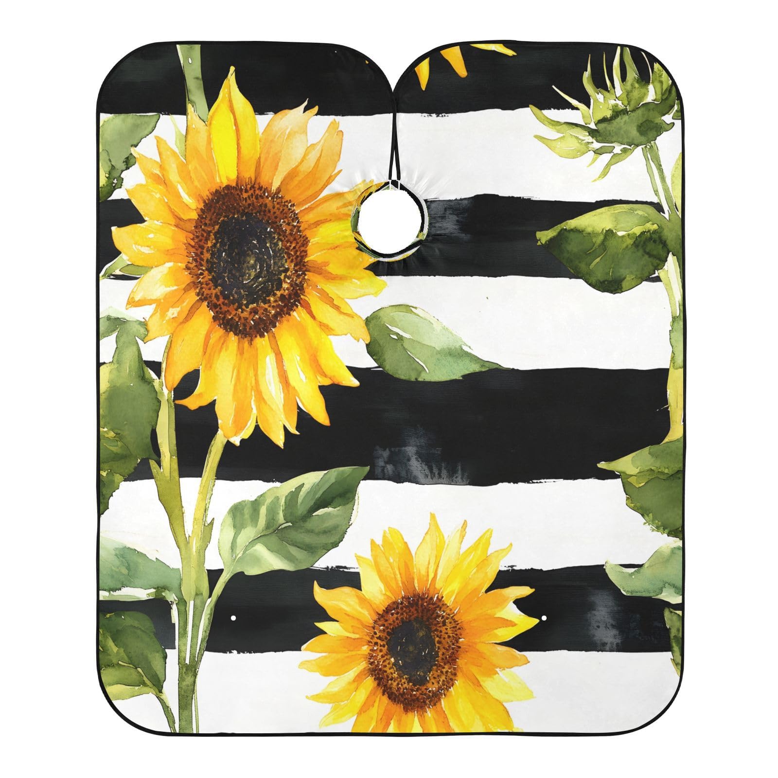 BOESI Watercolor Sunflower and Stripe Pattern Barber Shawl, Waterproof Haircut Shawl, Haircut Salon Apron, Shaving Bib, 55 x 65 inches