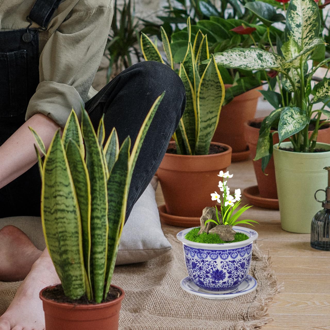 VANZACK Blau-weißer Blumentopf aus Keramik, chinesische Blumentöpfe aus Keramik mit Tablett, dekorativer Blumentopf für drinnen und draußen, Schreibtisch, Garten, Balkon