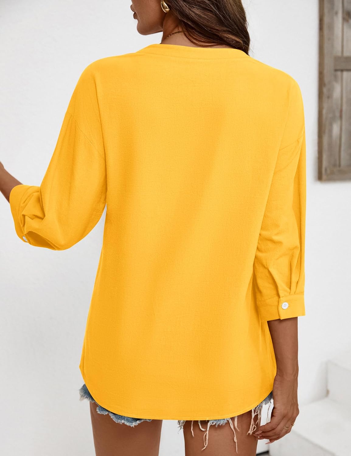 LOMON Womens 3/4 Sleeve Button Down Shirts Cotton Linen Roll Up Short Sleeve Tops V Neck Casual Loose Fit Blouses