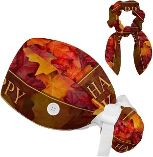 FVQL 2 Pieces Surgical Cap for Long Hair Scrub Cap with Hairband Nurse Cap, Autumn Thanksgiving and Maple Leaf