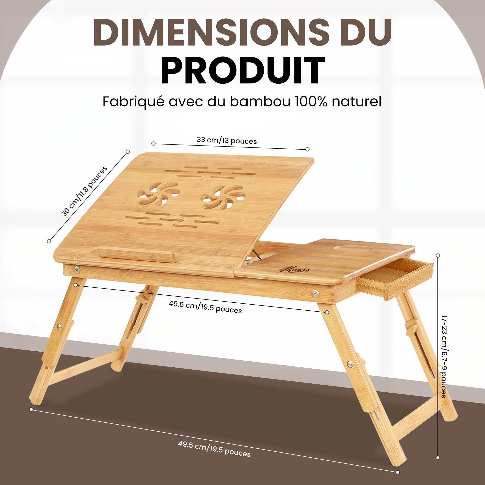 Bureau Portable Bambou Pour Ordinateur Portable – Plateau Inclinable, Pieds Pliants, 50x30 Cm - 9