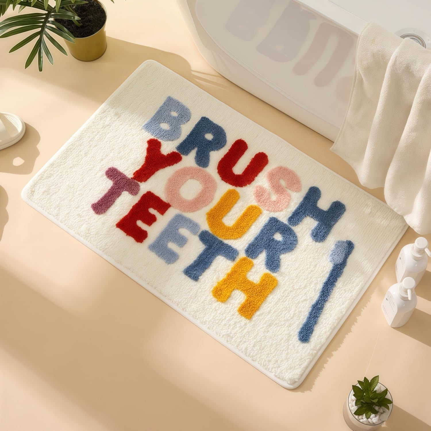 GIB Kids Bathroom Rug Mat 32" x 20", Non-Slip Washable Extra Soft Absorbent Plush Fluffy Shaggy Microfiber Bath Mat, Rainbow Colorful Fun Cute Bath Rug for Bathroom Decor, Brush Your Teeth
