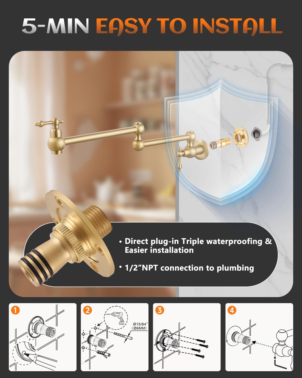 Gold Pot Filler, Brushed Brass Pot Filler Faucet Wall Mount, Potfiller, Vintage Pot Filler Over The Stove Faucet with Two Handles Strechable Double Joint Swing Arms