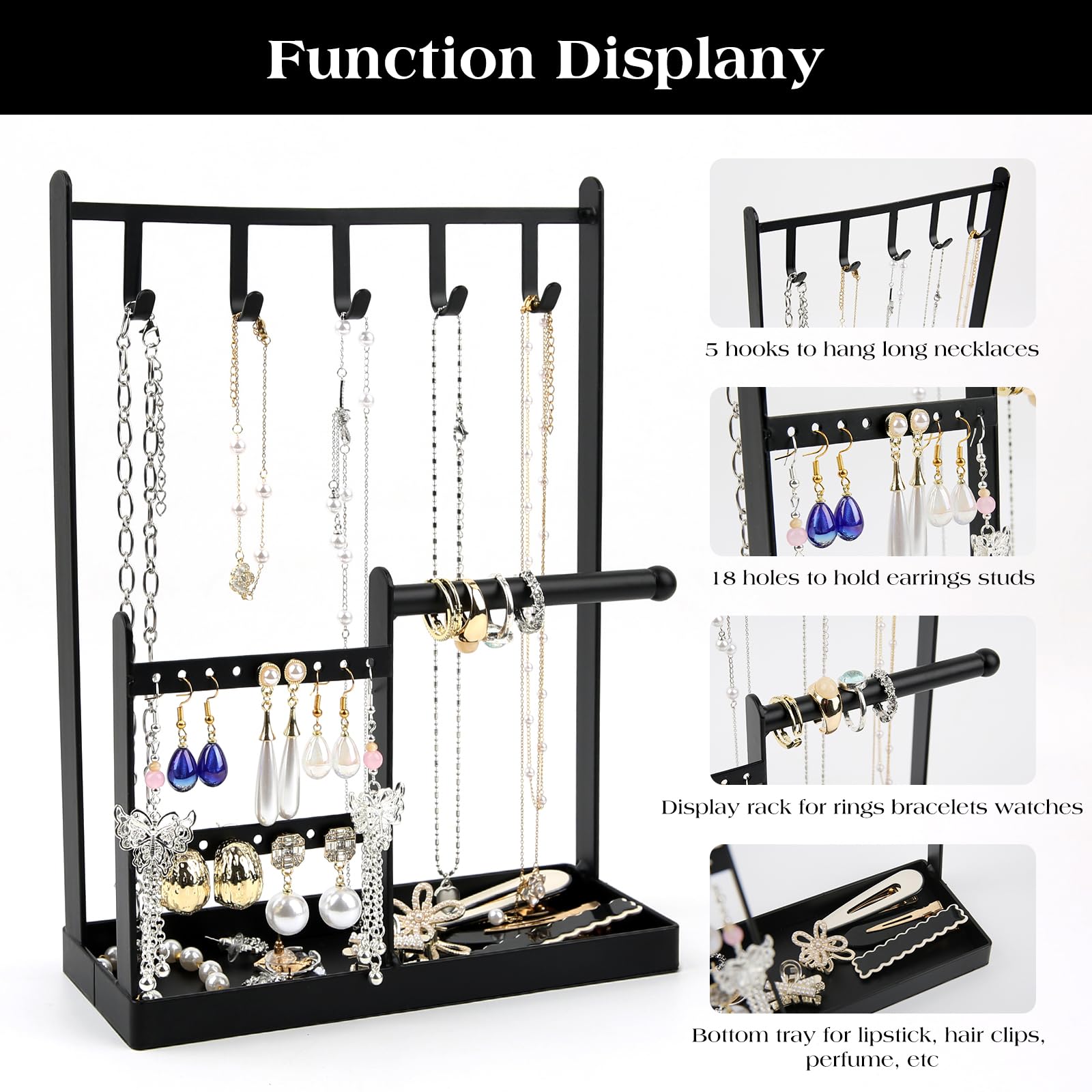 Présentoir à bijoux à 3 niveaux pour boucles d'oreilles, colliers, bracelets, petite tour de rangement esthétique (noir)