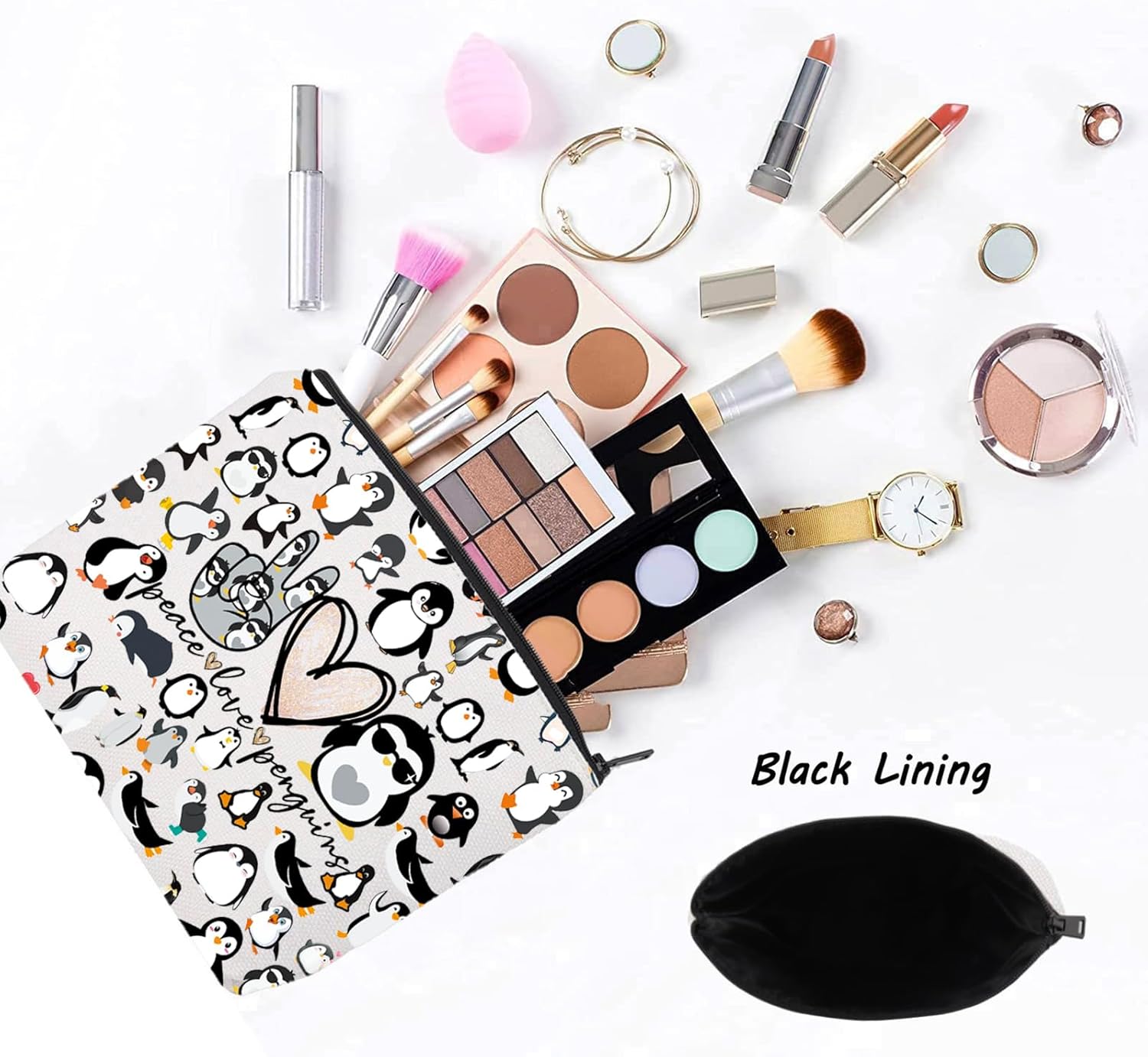 LEVLO Funny Penguins Cosmetic Make up Bag Animal Lover Gift Peace Love Penguins Makeup Zipper Pouch Bag Penguins Lover Gift For Women (Peace Penguins Full) - Image 3