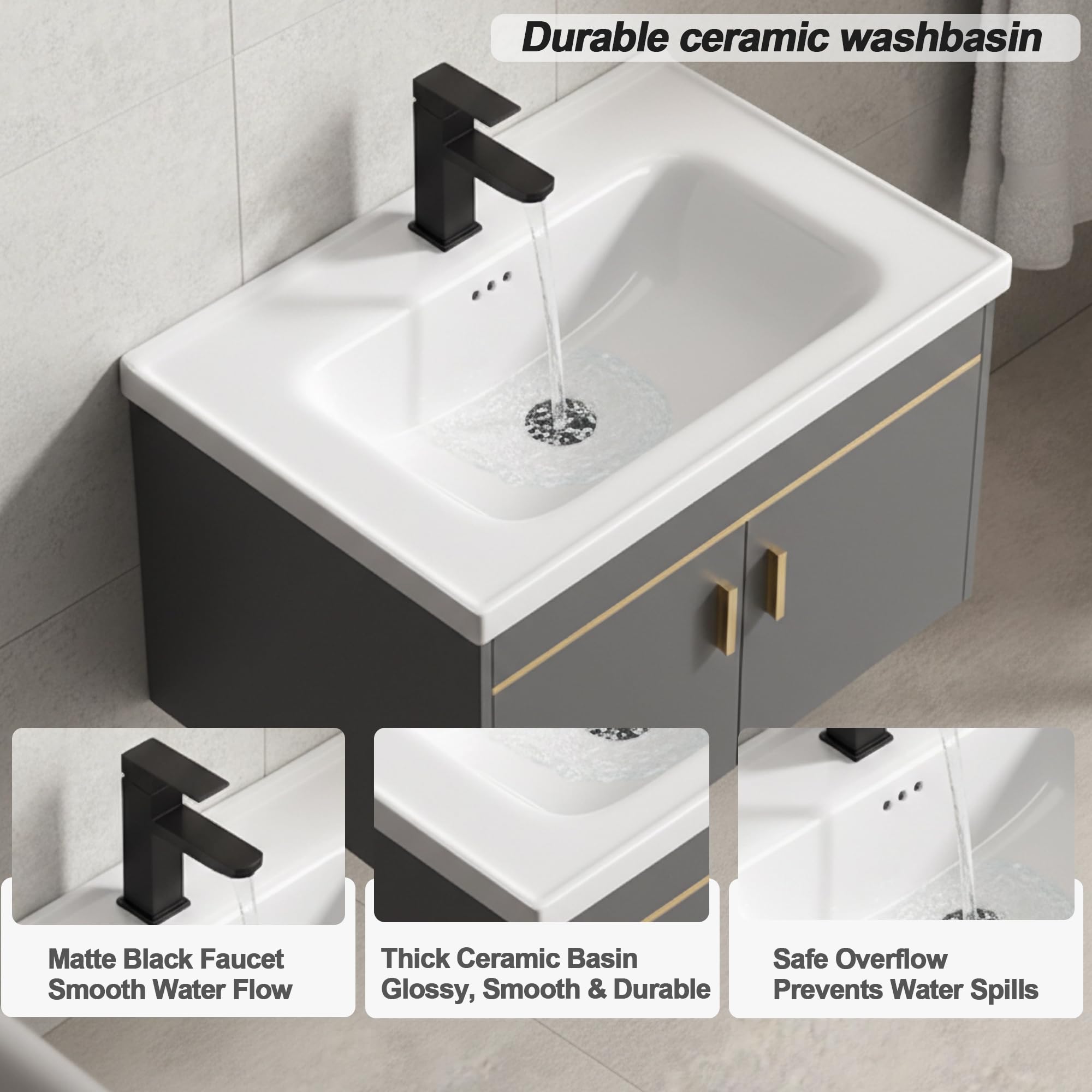 Set di mobili da bagno 60cm con lavabo e armadietto a specchio, mobiletto sottolavabo a parete in legno di pino, lavabo in ceramica con rubinetto e scarico, set di mobili da bagno per bagno (grigio