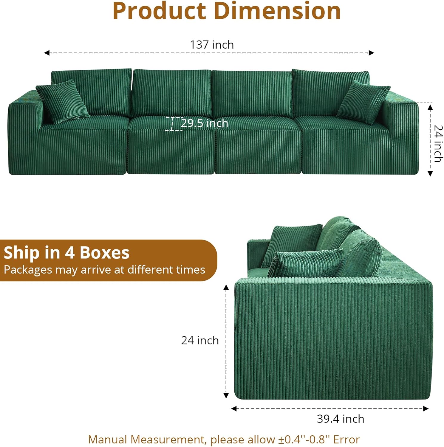 137” Modular Sectional Sofa, Linear Cloud Foam Sectional Couch with Throw Pillows/Plush Corduroy Fabric, No Assembly Required, Space-Saving, Boneless Compression Sleeper Sofa for Living Room(4 Seats